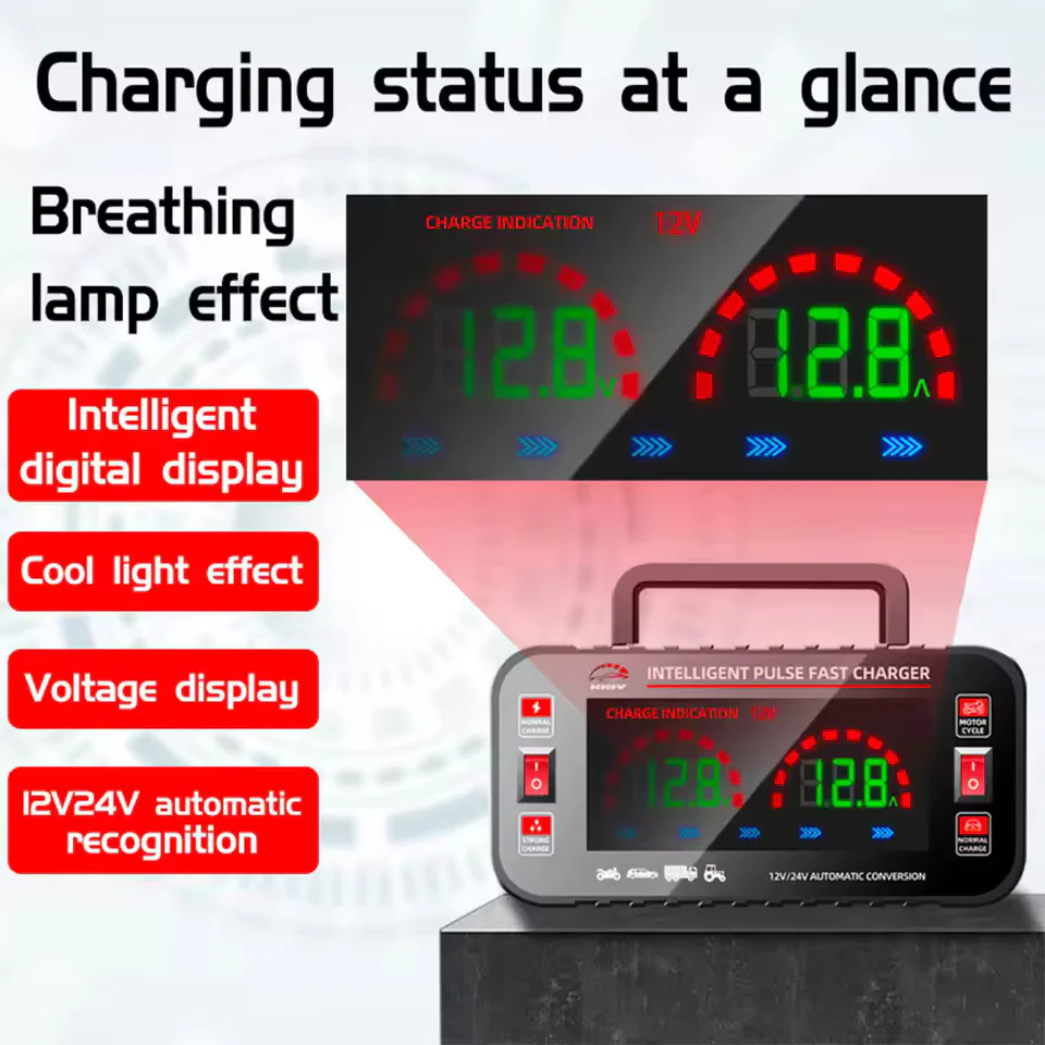 12 10A / 24V 5A Chargeur de batterie de voiture entièrement automatique Chargeur de batterie de voiture avec réparation par impulsion intelligente Chargeur de batterie de moto – Image 4